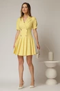 Rochie scurta galbena tip sacou cu pliuri pe fusta, 3, dyfashion.ro
