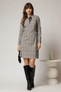 Rochie scurta gri cu carouri snur la guler si fusta tip A, 3, dyfashion.ro