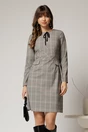 Rochie scurta gri cu carouri snur la guler si fusta tip A, 1, dyfashion.ro