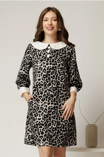Rochie scurta gri din stofa cu imprimeu animal print si guler alb