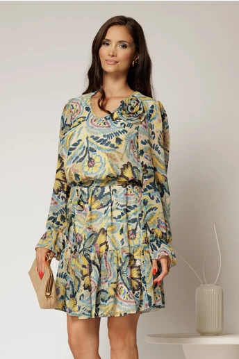 Rochie scurta ivoar cu imprimeu bleu si galbene si volanas la baza