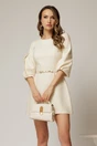Rochie scurta ivoar din stofa cu maneci bufante si curea in talie, 1, dyfashion.ro