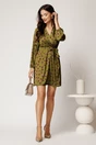 Rochie scurta kaki din satin cu buline mov si cordon in talie, 3, dyfashion.ro