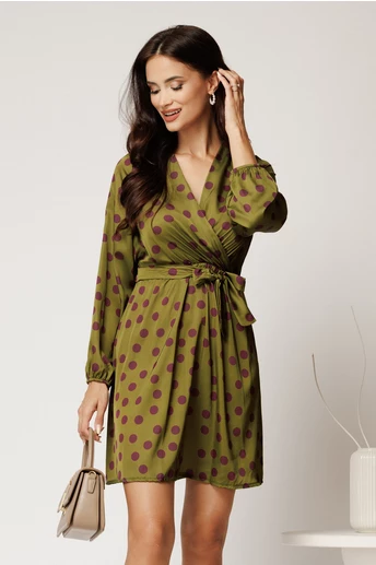 Rochie scurta kaki din satin cu buline mov si cordon in talie