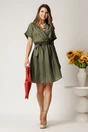 Rochie scurta kaki din tencel in clos cu elastic si cordon in talie, 3, dyfashion.ro