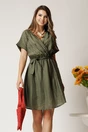 Rochie scurta kaki din tencel in clos cu elastic si cordon in talie, 1, dyfashion.ro