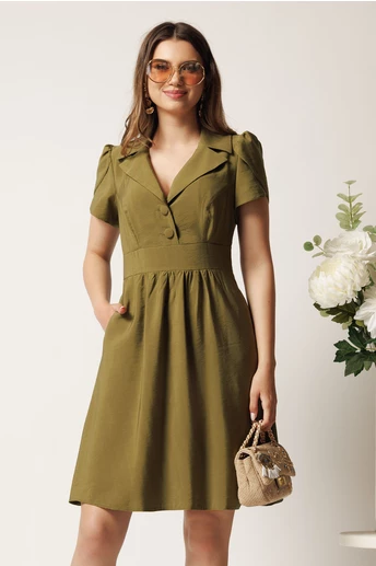 Rochie scurta kaki din tencel in clos cu nasturi la bust- Moze