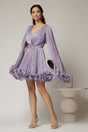 Rochie scurta lila de ocazie cu aplicatii florale pe talie din voal peliculizat, 3, dyfashion.ro