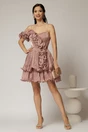 Rochie scurta lila de ocazie cu volanas pe umar din voal peliculizat, 3, dyfashion.ro