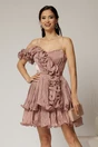 Rochie scurta lila de ocazie cu volanas pe umar din voal peliculizat, 1, dyfashion.ro