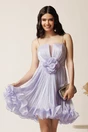 Rochie scurta lila din voal in clos cu volanase si floare maxi pe talie, 1, dyfashion.ro