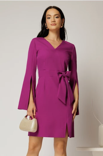 Rochie scurta magenta cu funda ampla in talie si maneci sparte
