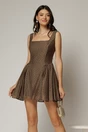 Rochie scurta maro cu buline din tencel cu snur la spate si decolteu patrat, 1, dyfashion.ro