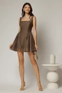 Rochie scurta maro cu buline din tencel cu snur la spate si decolteu patrat, 3, dyfashion.ro