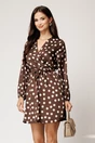 Rochie scurta maro din satin cu buline albe si cordon in talie, 1, dyfashion.ro