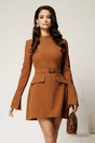 Rochie scurta maro din stofa cu clapete tip buzunare si curea in talie, 1, dyfashion.ro