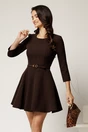 Rochie scurta maro din stofa cu croi in clini si curea in talie, 1, dyfashion.ro