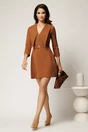 Rochie scurta maro din stofa cu guler maxi ascutit si curea in talie, 3, dyfashion.ro