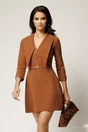 Rochie scurta maro din stofa cu guler maxi ascutit si curea in talie, 1, dyfashion.ro