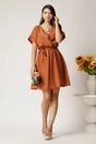 Rochie scurta maro din tencel in clos cu elastic si cordon in talie, 3, dyfashion.ro