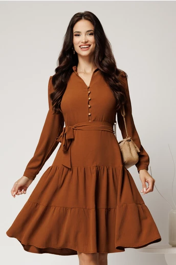 Rochie scurta maro din viscoza cu nasturi pe bust si cordon in talie