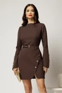 Rochie scurta maro inchis cu maneci decupate si nasturi eleganti, 1, dyfashion.ro