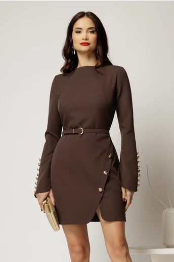 Rochie scurta maro inchis cu maneci decupate si nasturi eleganti