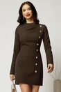 Rochie scurta maro intens cu pliuri la guler si nasturi, 2, dyfashion.ro