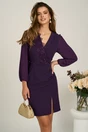 Rochie scurta mov conica din stofa cu maneci in voal si dantela pe bust, 1, dyfashion.ro