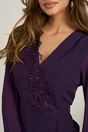 Rochie scurta mov conica din stofa cu maneci in voal si dantela pe bust, 3, dyfashion.ro