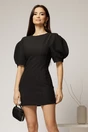 Rochie scurta neagra cu croi cambrat si maneci scurte bufante, 1, dyfashion.ro