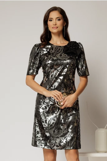 Rochie scurta neagra cu croi drept si imprimeuri argintii