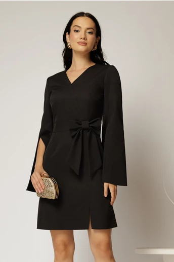 Rochie scurta neagra cu funda ampla in talie si maneci sparte