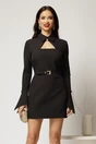 Rochie scurta neagra cu guler tip camasa si accesoriu, 1, dyfashion.ro
