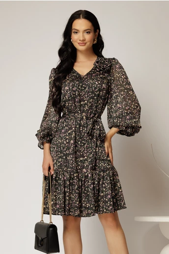 Rochie scurta neagra cu imprimeu lila si volanas la baza