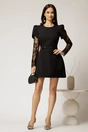Rochie scurta neagra cu maneci din dantela si curea in talie, 3, dyfashion.ro
