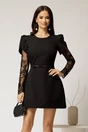 Rochie scurta neagra cu maneci din dantela si curea in talie, 1, dyfashion.ro