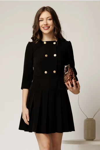 Rochie scurta neagra cu nasturi pe bust si pliuri pe fusta