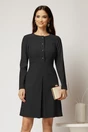 Rochie scurta neagra din catifea reiata cu pliu pe fusta si nasturi perla, 1, dyfashion.ro