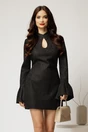 Rochie scurta neagra din dantela cu decupaj la decolteu si guler tunica, 1, dyfashion.ro