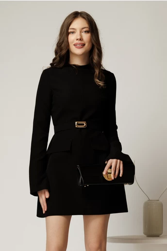 Rochie scurta neagra din stofa cu clapete tip buzunare si curea in talie