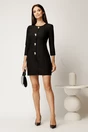 Rochie scurta neagra din stofa cu croi cambrat si nasturi decorativi, 3, dyfashion.ro