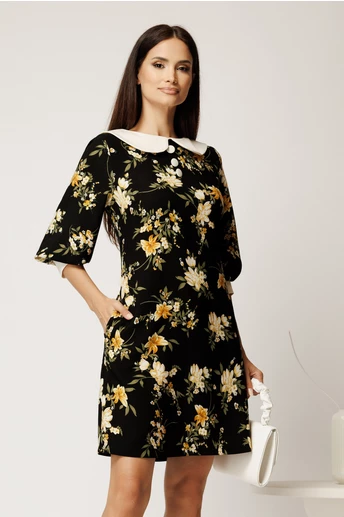 Rochie scurta neagra din stofa cu flori galbene si guler alb
