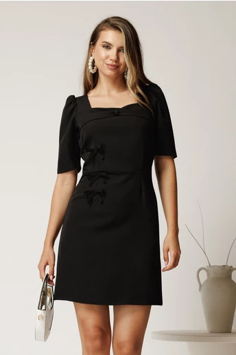 Rochie scurta neagra din stofa cu fundite