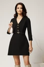 Rochie scurta neagra din stofa cu guler maxi ascutit si curea in talie, 1, dyfashion.ro