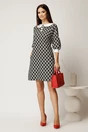 Rochie scurta neagra din stofa cu imprimeu geometric si guler alb, 3, dyfashion.ro
