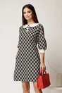 Rochie scurta neagra din stofa cu imprimeu geometric si guler alb, 1, dyfashion.ro