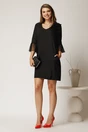 Rochie scurta neagra din stofa cu mansete din voal plisat si floare maxi, 3, dyfashion.ro