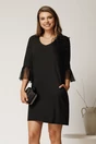 Rochie scurta neagra din stofa cu mansete din voal plisat si floare maxi, 1, dyfashion.ro