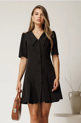 Rochie scurta neagra din stofa in clini cu nasturi si guler maxi